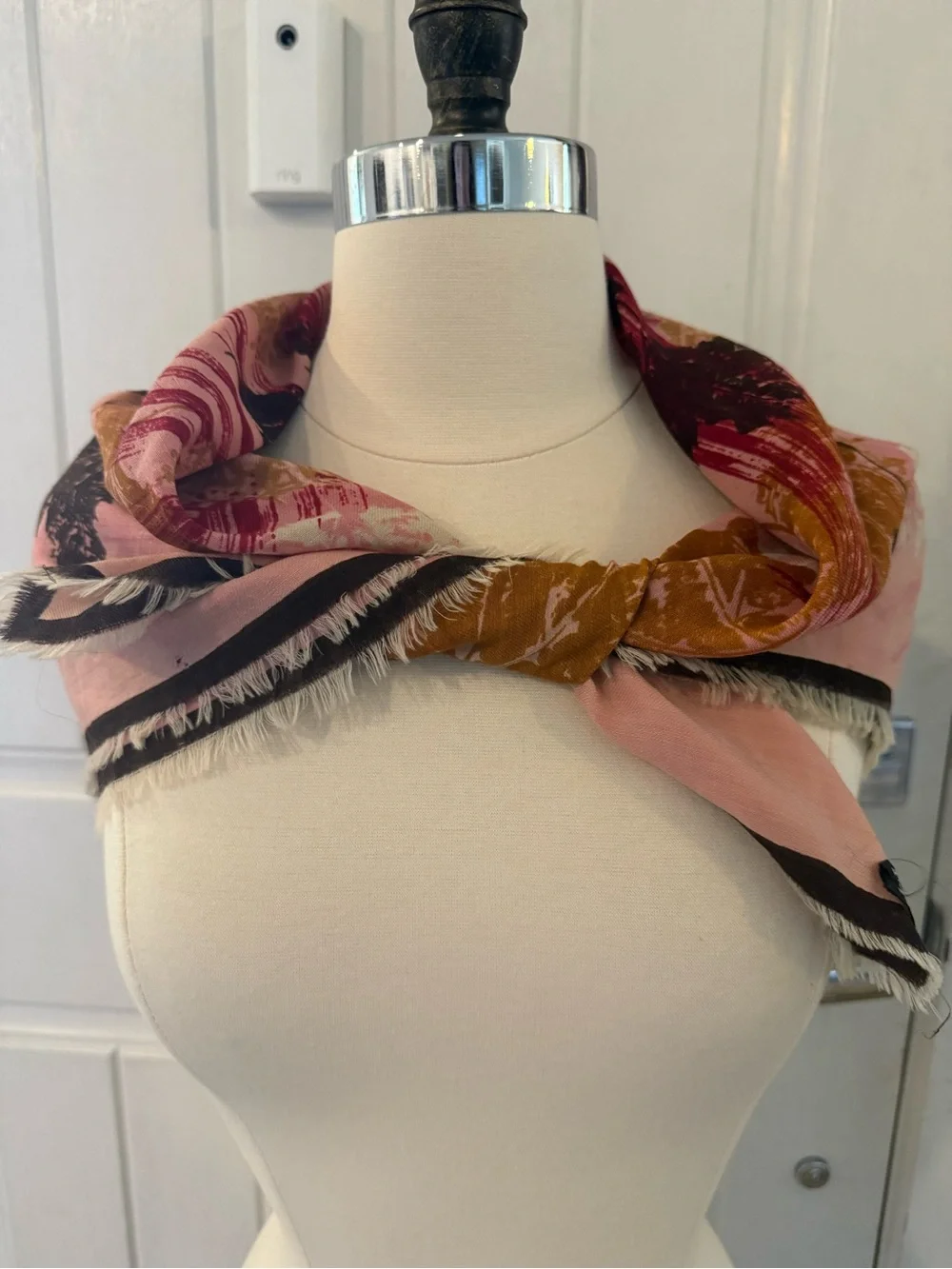VTG Leaf Print large Square wool scarf 30.5 x 30.5 Pink Burgundy brown mustard